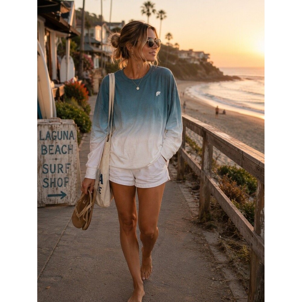 Fabletics Teal to Cream Ombré L/S Tee XL Soft Norm Coastal Minimalist Romanized